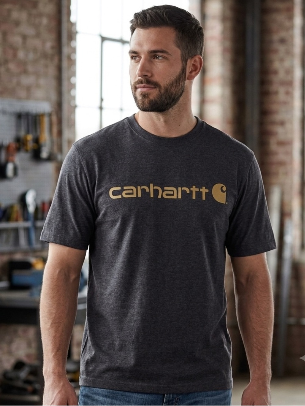 Carhartt Gold Logo Short Sleeve Tee in Dark Gray, Size Medium, Loose Fit